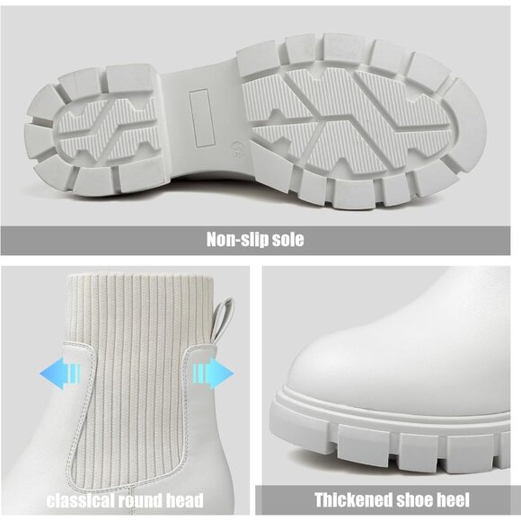 Women's White Chelsea Platform Ankle Boots Fashion Chunky Heel - Picture 3 of 7